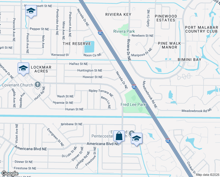map of restaurants, bars, coffee shops, grocery stores, and more near 848 Emerson Drive Northeast in Palm Bay