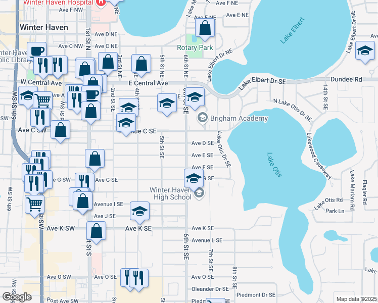 map of restaurants, bars, coffee shops, grocery stores, and more near 548 6th Street Southeast in Winter Haven