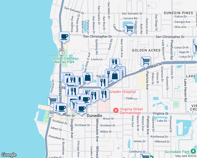 map of restaurants, bars, coffee shops, grocery stores, and more near 1037 Milwaukee Avenue in Dunedin