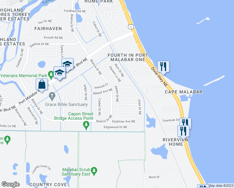 map of restaurants, bars, coffee shops, grocery stores, and more near 864 Albeto Street Northeast in Palm Bay