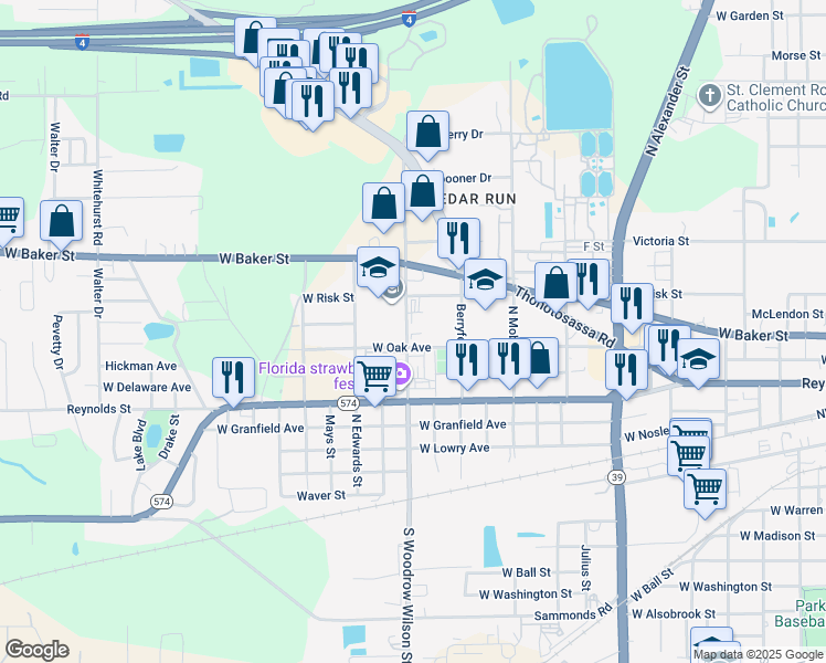 map of restaurants, bars, coffee shops, grocery stores, and more near 404 North Woodrow Wilson Street in Plant City