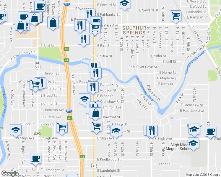 map of restaurants, bars, coffee shops, grocery stores, and more near 1004 East Robson Street in Tampa