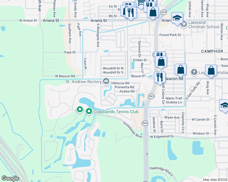 map of restaurants, bars, coffee shops, grocery stores, and more near 20 Azalea Road in Lakeland