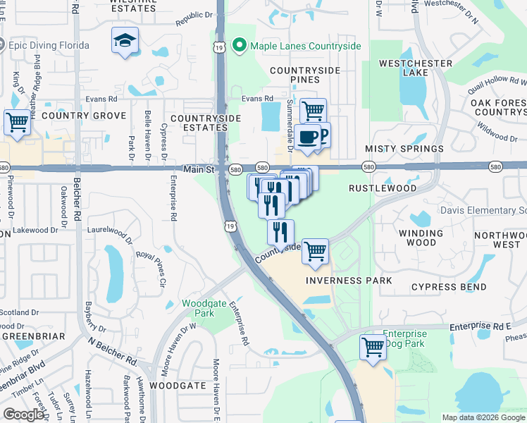 map of restaurants, bars, coffee shops, grocery stores, and more near 27001 US Highway 19 North in Clearwater