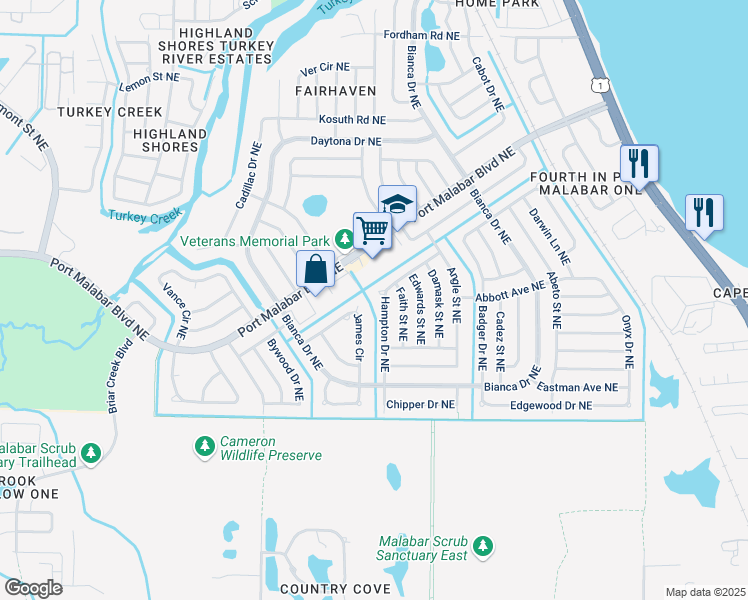 map of restaurants, bars, coffee shops, grocery stores, and more near 826 Hampton Drive Northeast in Palm Bay