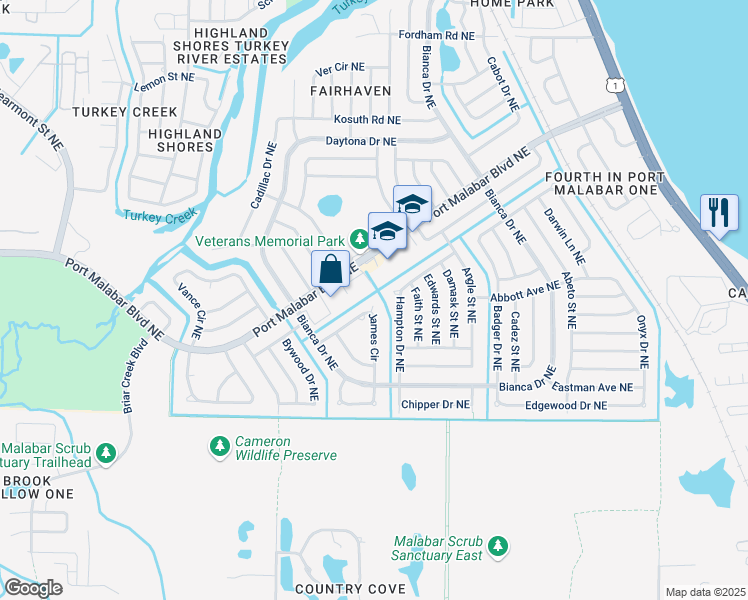 map of restaurants, bars, coffee shops, grocery stores, and more near 826 Hampton Drive Northeast in Palm Bay