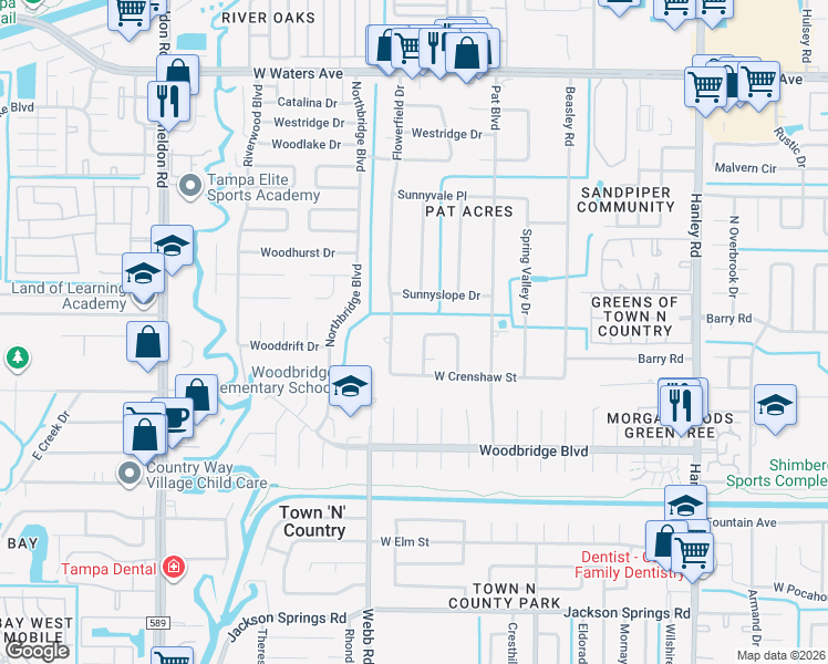 map of restaurants, bars, coffee shops, grocery stores, and more near 8217 West Crenshaw Street in Tampa