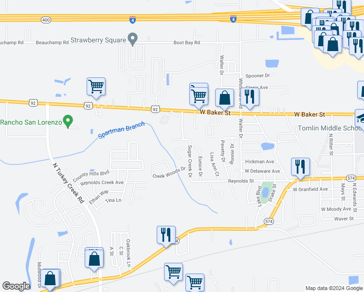 map of restaurants, bars, coffee shops, grocery stores, and more near 3806 Creek Way Court in Plant City