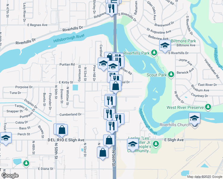 map of restaurants, bars, coffee shops, grocery stores, and more near 7526 Needle Leaf Place in Tampa