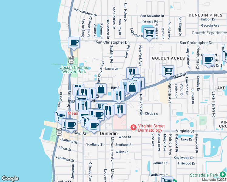 map of restaurants, bars, coffee shops, grocery stores, and more near 1041 Milwaukee Avenue in Dunedin