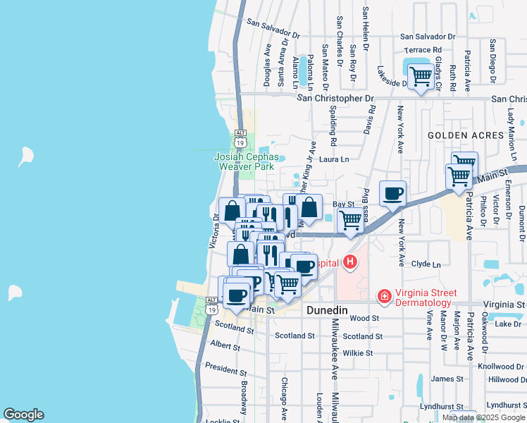 map of restaurants, bars, coffee shops, grocery stores, and more near 1040 Douglas Avenue in Dunedin