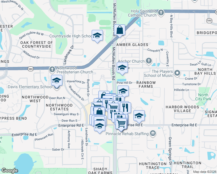 map of restaurants, bars, coffee shops, grocery stores, and more near 3076 Eastland Boulevard in Clearwater