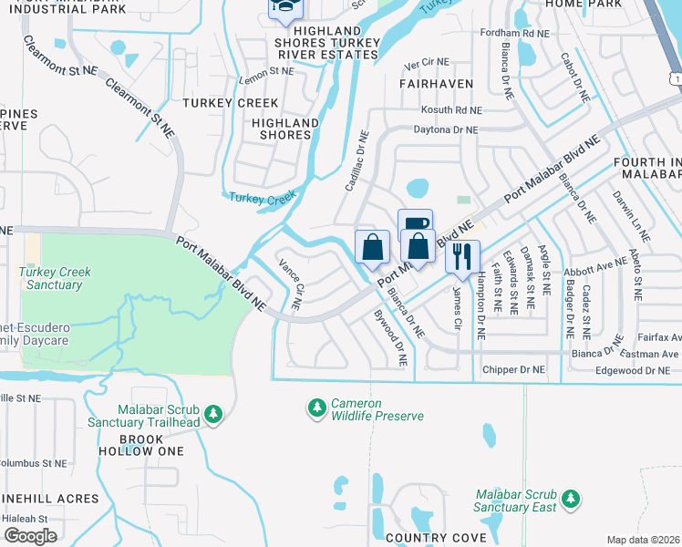 map of restaurants, bars, coffee shops, grocery stores, and more near 2699 Sabrina Street Northeast in Palm Bay