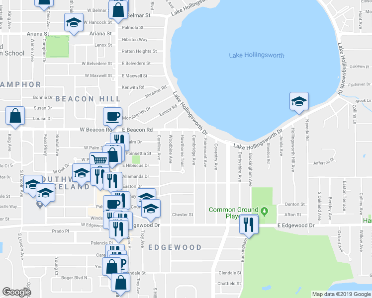 map of restaurants, bars, coffee shops, grocery stores, and more near 2216 Hawthorne Trail in Lakeland