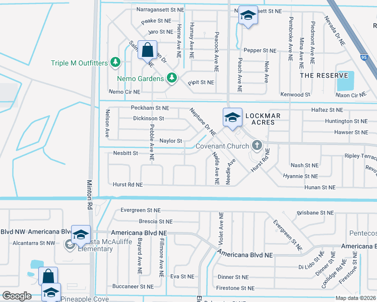 map of restaurants, bars, coffee shops, grocery stores, and more near 301 Nesbitt St NE in Palm Bay