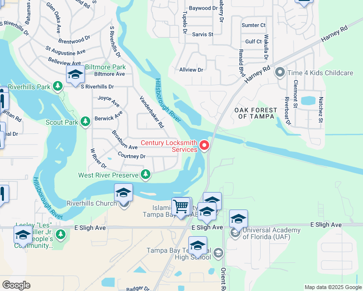 map of restaurants, bars, coffee shops, grocery stores, and more near 1127 West River Drive in Tampa