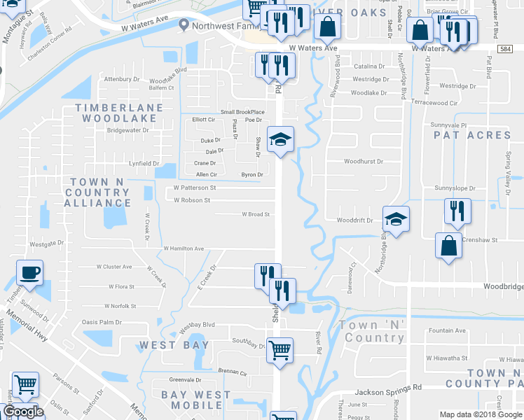 map of restaurants, bars, coffee shops, grocery stores, and more near 8809 West Broad Street in Tampa