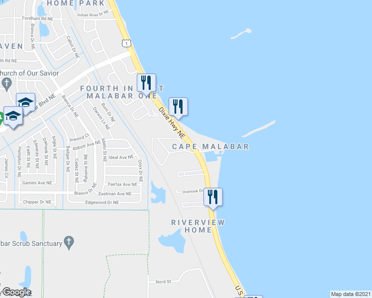 map of restaurants, bars, coffee shops, grocery stores, and more near 799 Wildbriar Road Northeast in Palm Bay