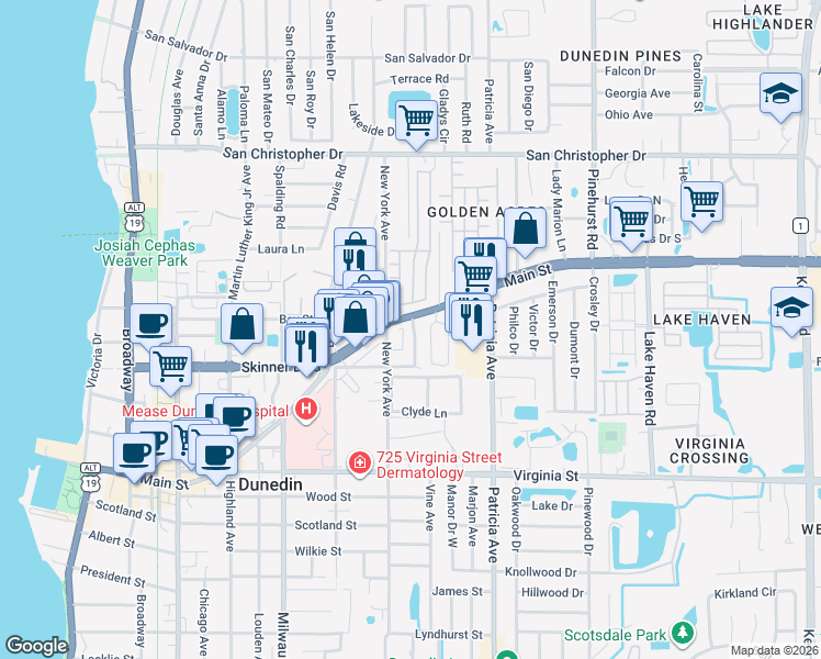 map of restaurants, bars, coffee shops, grocery stores, and more near 1024 Park Drive in Dunedin