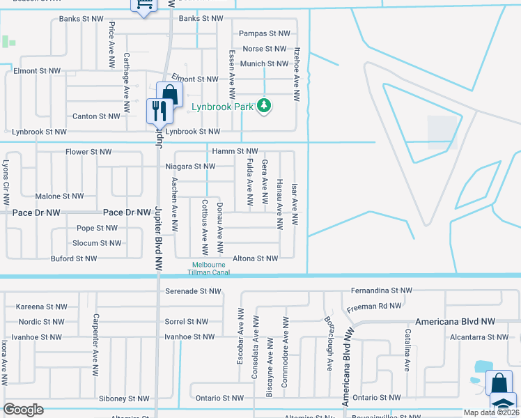 map of restaurants, bars, coffee shops, grocery stores, and more near 800 Gera Avenue Northwest in Palm Bay
