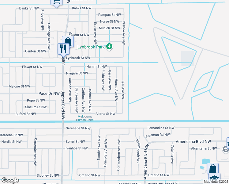 map of restaurants, bars, coffee shops, grocery stores, and more near 802 Hanau Avenue Northwest in Palm Bay