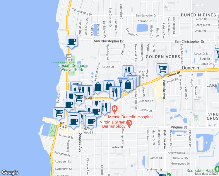 map of restaurants, bars, coffee shops, grocery stores, and more near 1043 Milwaukee Avenue in Dunedin