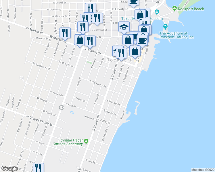 map of restaurants, bars, coffee shops, grocery stores, and more near 720 East Hackberry Street in Rockport