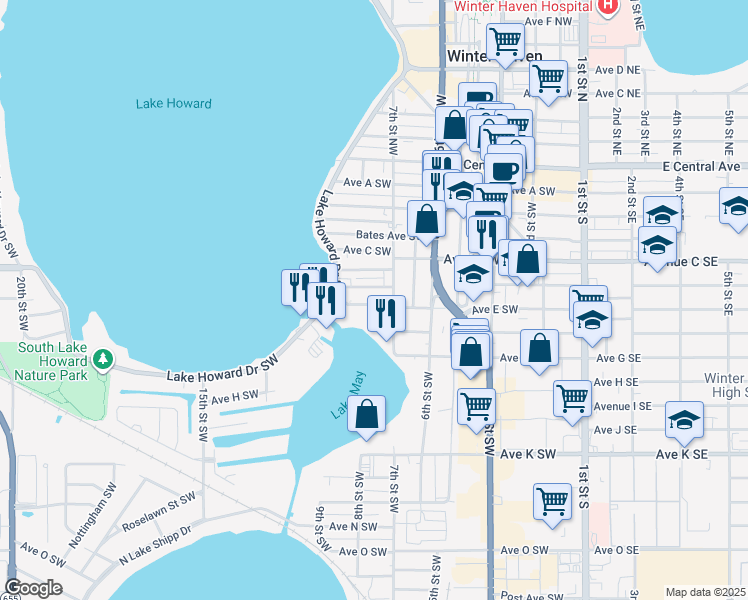 map of restaurants, bars, coffee shops, grocery stores, and more near 731 Avenue East Southwest in Winter Haven