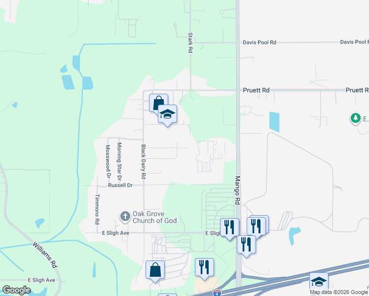 map of restaurants, bars, coffee shops, grocery stores, and more near 11327 Brightwood Drive in Seffner
