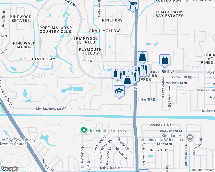 map of restaurants, bars, coffee shops, grocery stores, and more near 606 Cedar Side Circle Northeast in Palm Bay