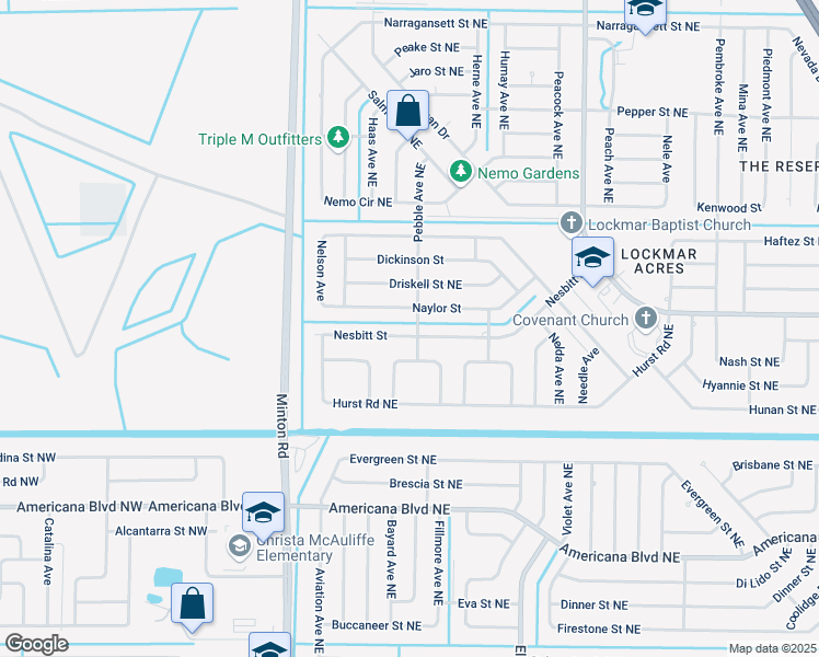 map of restaurants, bars, coffee shops, grocery stores, and more near 191 Nesbitt Street Northeast in Palm Bay