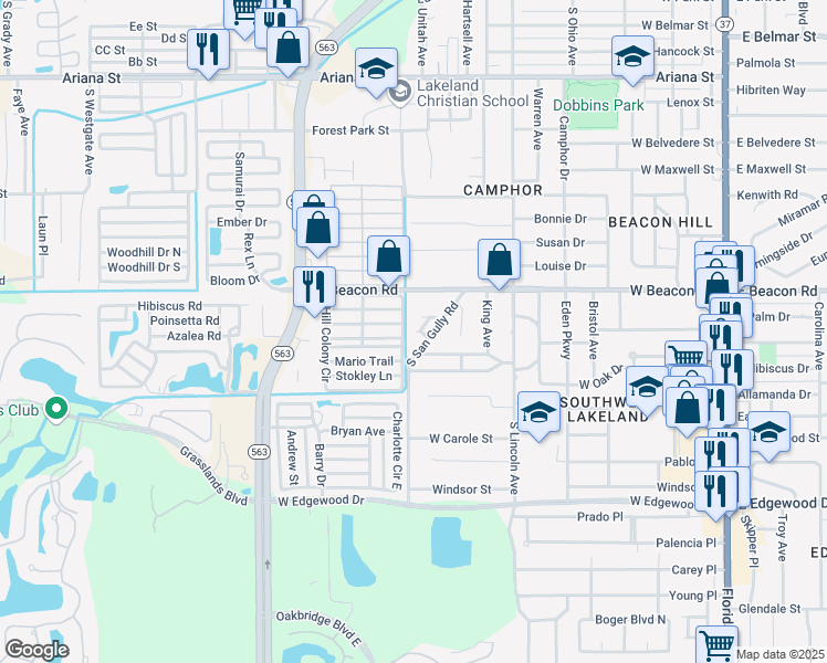 map of restaurants, bars, coffee shops, grocery stores, and more near 2121 South San Gully Road in Lakeland