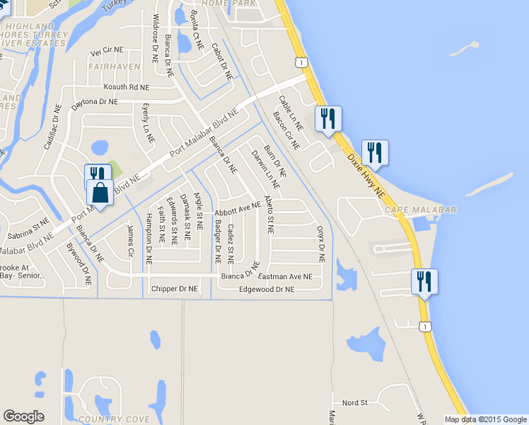 map of restaurants, bars, coffee shops, grocery stores, and more near 853 Bianca Drive Northeast in Palm Bay
