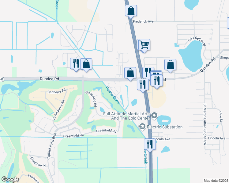 map of restaurants, bars, coffee shops, grocery stores, and more near 1015 Dundee Road in Dundee