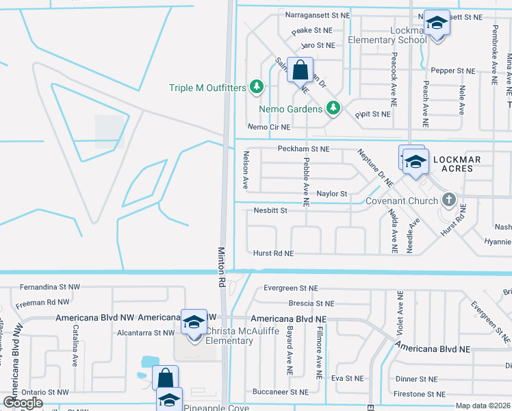 map of restaurants, bars, coffee shops, grocery stores, and more near 115 Nesbitt St NE in Palm Bay