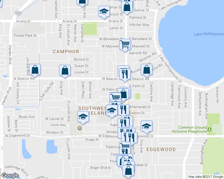 map of restaurants, bars, coffee shops, grocery stores, and more near 226 West Palm Drive in Lakeland