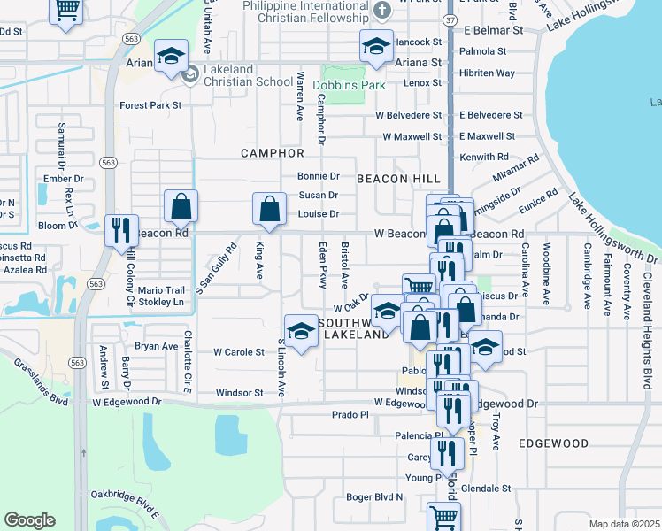 map of restaurants, bars, coffee shops, grocery stores, and more near 2224 Eden Parkway in Lakeland