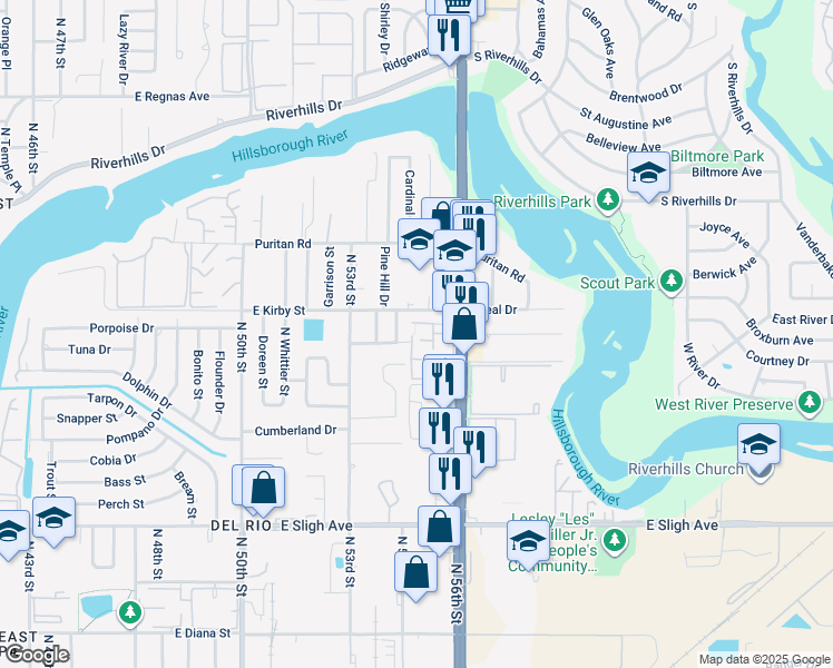 map of restaurants, bars, coffee shops, grocery stores, and more near 7507 Pitch Pine Circle in Tampa