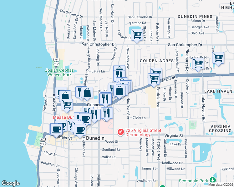 map of restaurants, bars, coffee shops, grocery stores, and more near 1036 Bass Boulevard in Dunedin