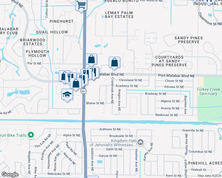 map of restaurants, bars, coffee shops, grocery stores, and more near 779 Cranbrook Avenue Northeast in Palm Bay