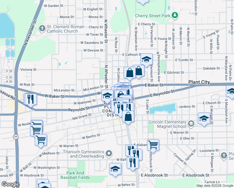map of restaurants, bars, coffee shops, grocery stores, and more near 103 West Mahoney Street in Plant City