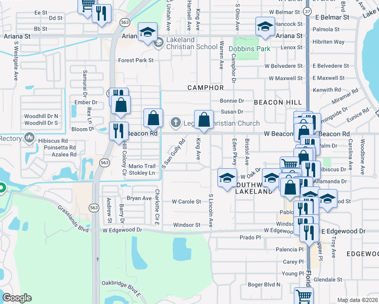 map of restaurants, bars, coffee shops, grocery stores, and more near 2216 Brandy Place in Lakeland