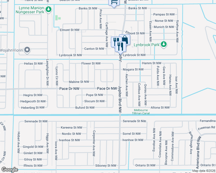 map of restaurants, bars, coffee shops, grocery stores, and more near 947 Pace Drive Northwest in Palm Bay