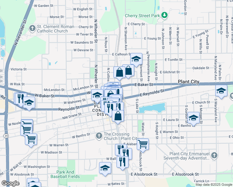 map of restaurants, bars, coffee shops, grocery stores, and more near 201 East Mahoney Street in Plant City