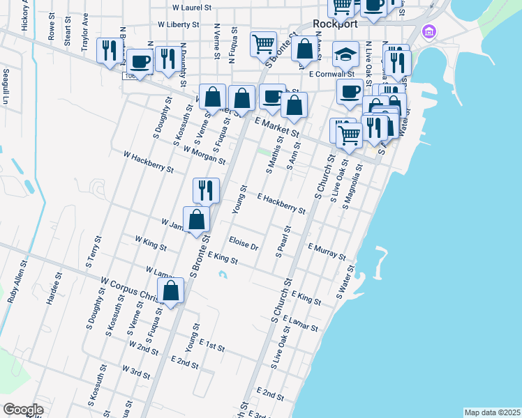 map of restaurants, bars, coffee shops, grocery stores, and more near 511 East Hackberry Street in Rockport