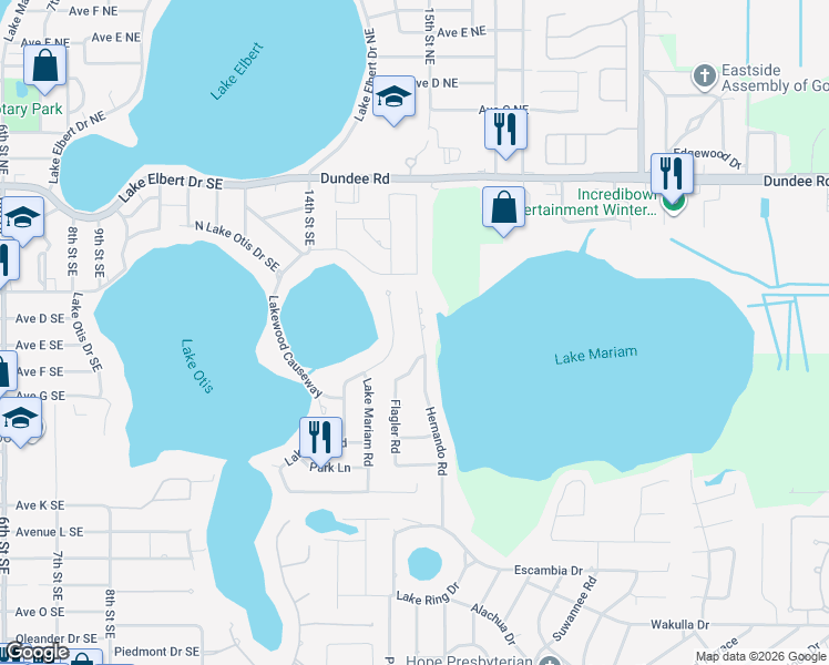 map of restaurants, bars, coffee shops, grocery stores, and more near 308 Hernando Road in Winter Haven