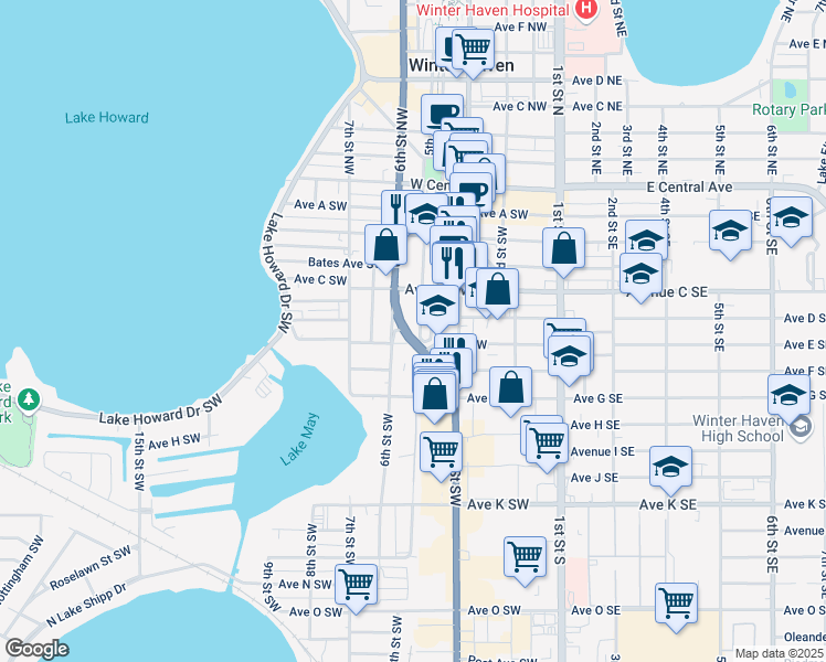 map of restaurants, bars, coffee shops, grocery stores, and more near 305 Avenue East Southwest in Winter Haven