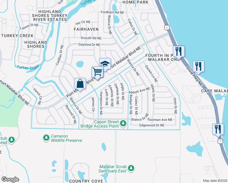 map of restaurants, bars, coffee shops, grocery stores, and more near 871 Edwards Street Northeast in Palm Bay