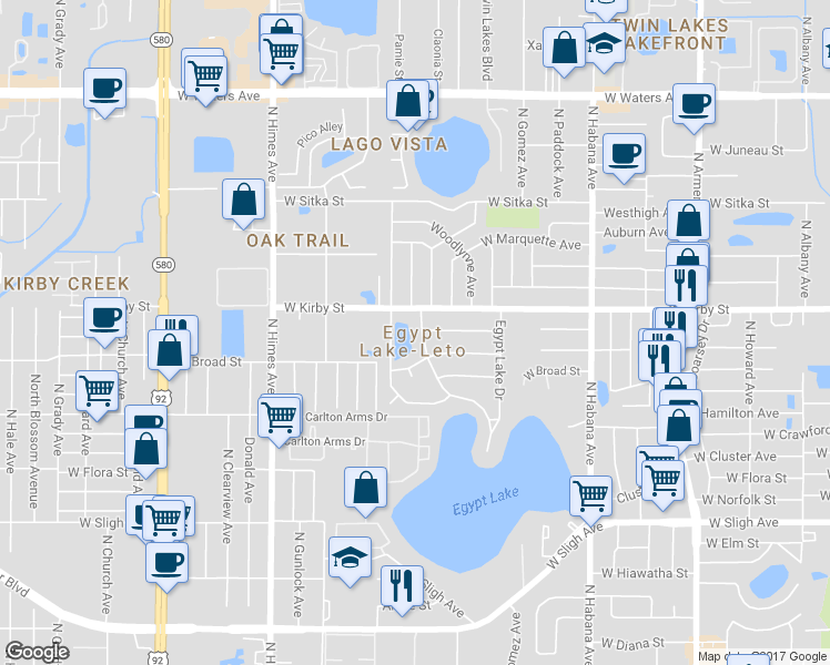 map of restaurants, bars, coffee shops, grocery stores, and more near 7608 Lakeside Boulevard in Tampa