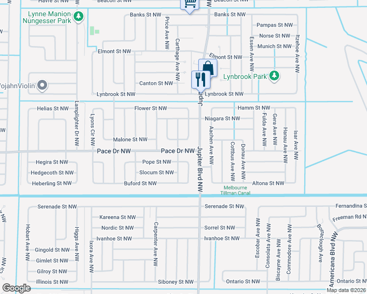 map of restaurants, bars, coffee shops, grocery stores, and more near 947 Pace Drive Northwest in Palm Bay